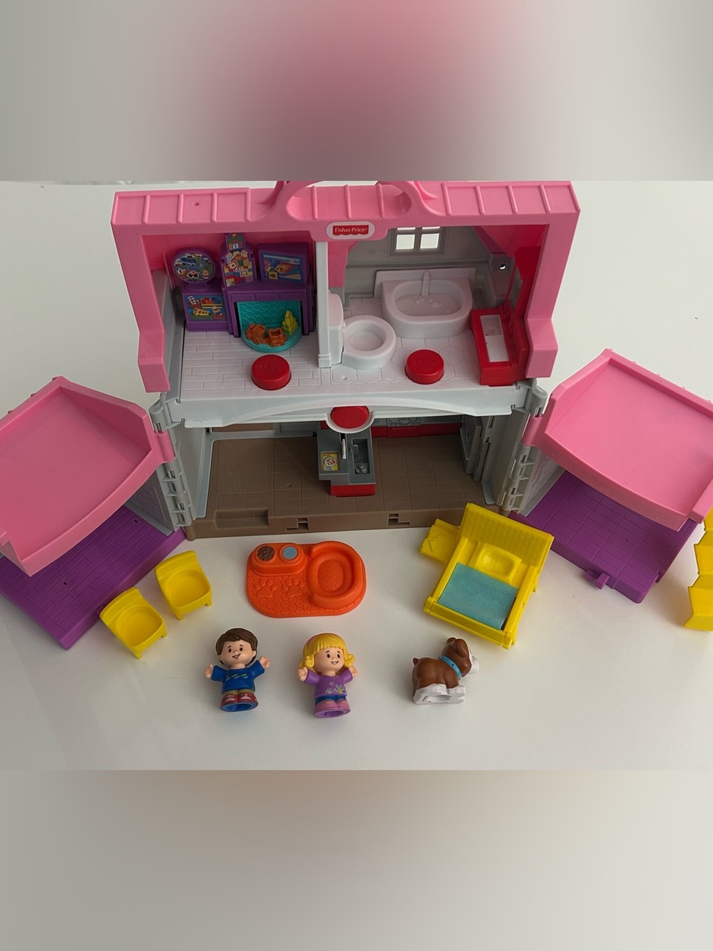 Fisher-Price Pink Fold-Out Dollhouse Playset with Yellow & Purple Accessories